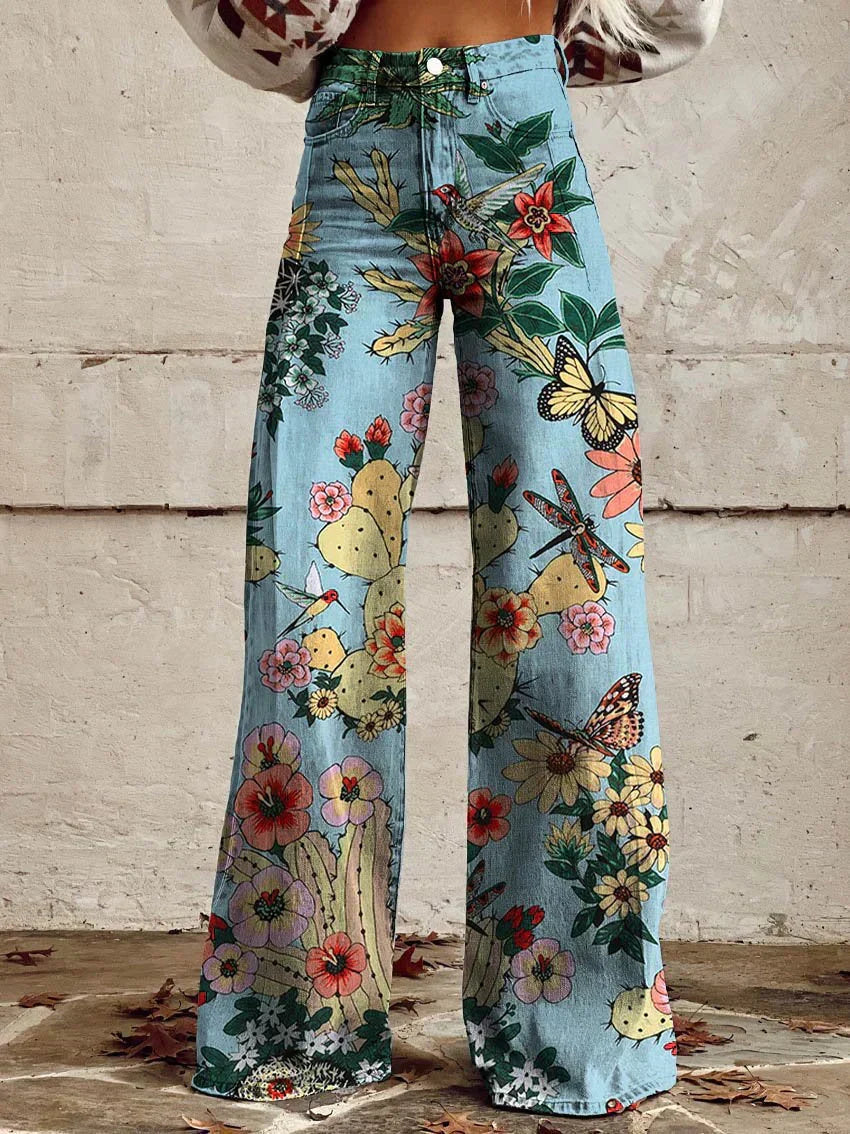Women's blue garden retro print flared trousers
