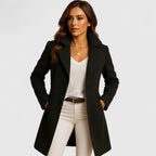 Women's black wool blend tailored coat with a classic lapel