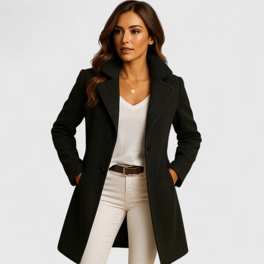 Women's black wool blend tailored coat with a classic lapel