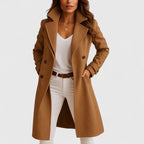 Women's black wool blend tailored coat with a classic lapel