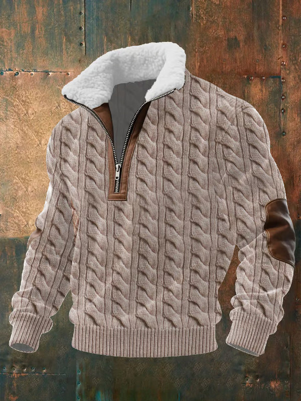 Men's beige zip-through overshirt with a mandarin collar and soft lining