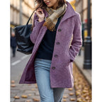 Wool blend coat with turndown collar, front view
