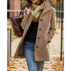 Wool blend coat with turndown collar, back view