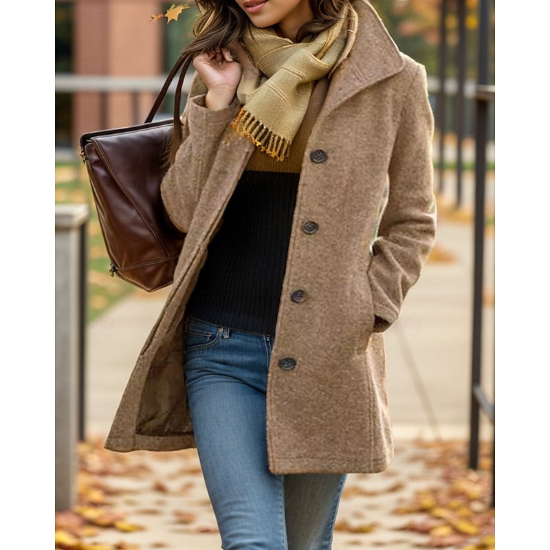 Wool blend coat with turndown collar, back view