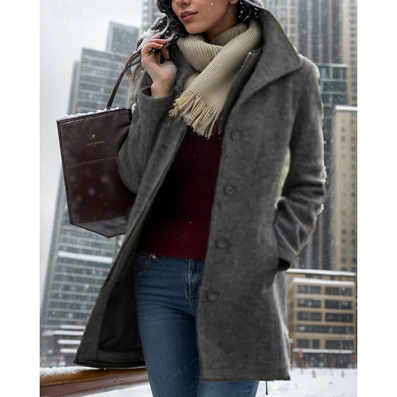 Wool blend coat with turndown collar, side view