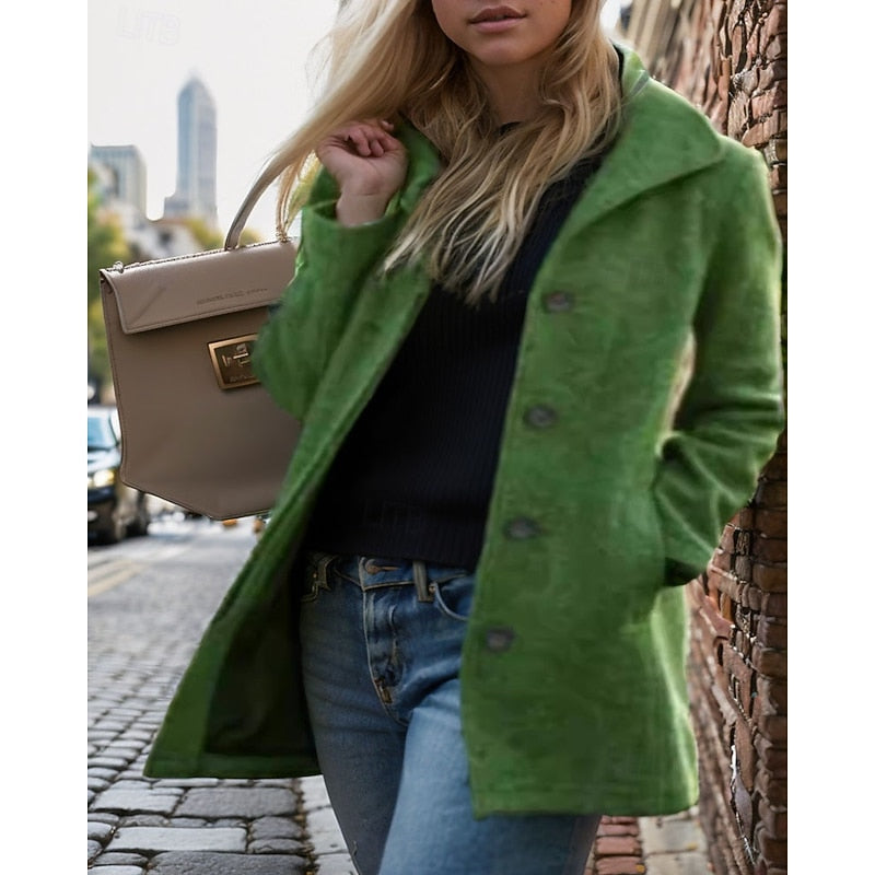 Close-up of turndown collar on wool blend coat
