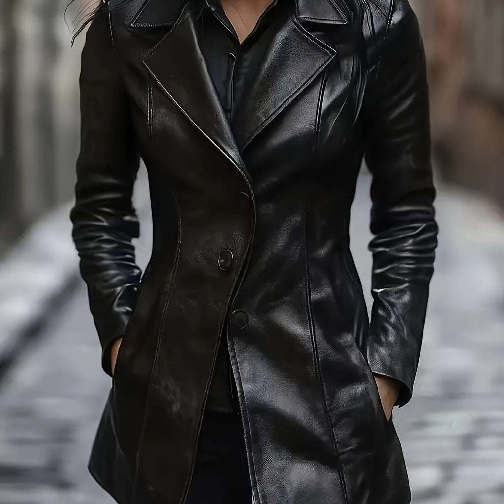 Black tailored mid-length coat with structured shoulders