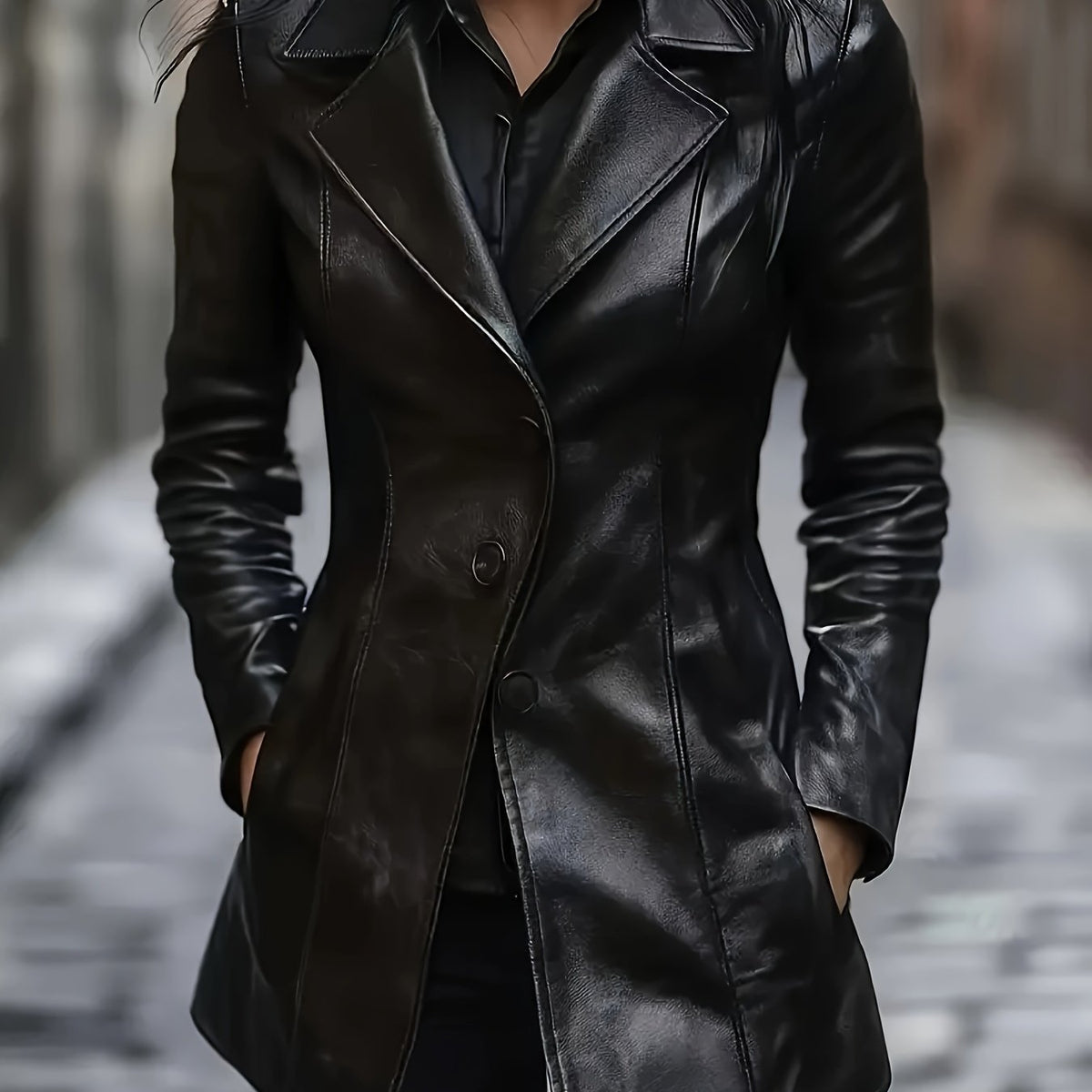Black tailored mid-length coat with structured shoulders