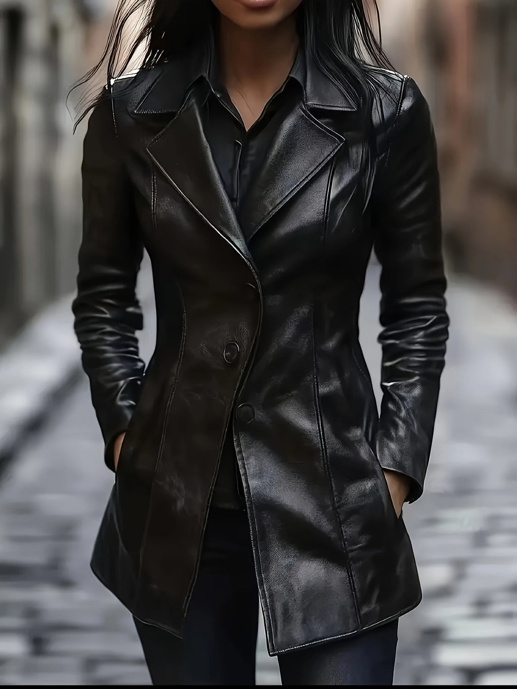 Black tailored mid-length coat with structured shoulders