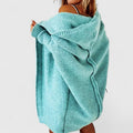 Women's Blue Oversized Hooded Knitted Longline Autumn Cardigan