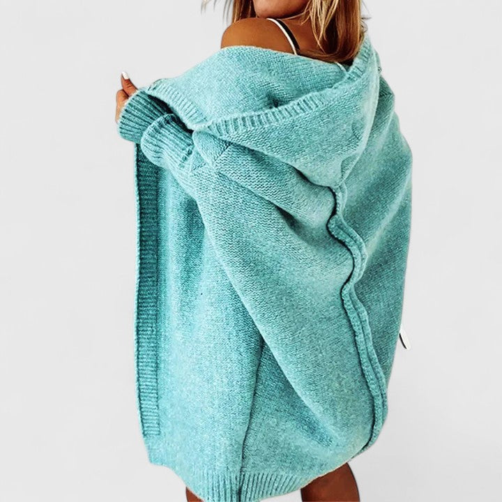 Women's Blue Oversized Hooded Knitted Longline Autumn Cardigan