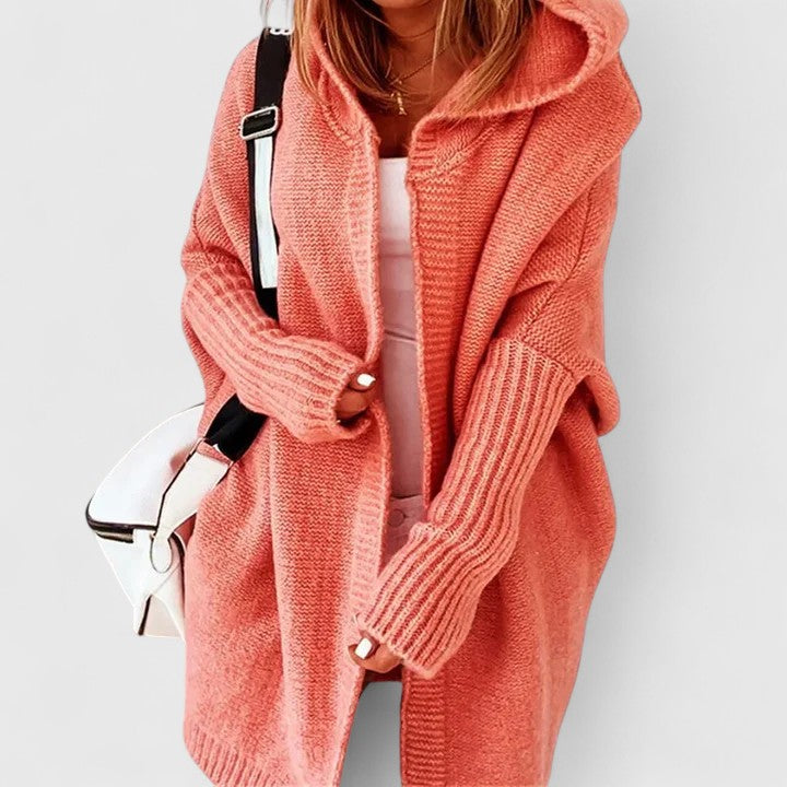 Women's Orange Oversized Hooded Knitted Longline Autumn Cardigan