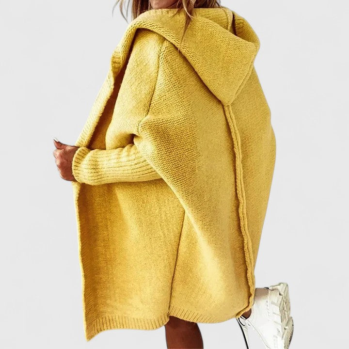 Women's Yellow Oversized Hooded Knitted Longline Autumn Cardigan