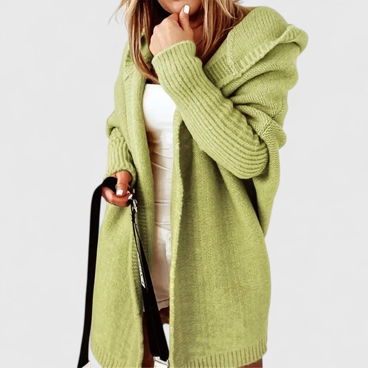 Women's Green Oversized Hooded Knitted Longline Autumn Cardigan