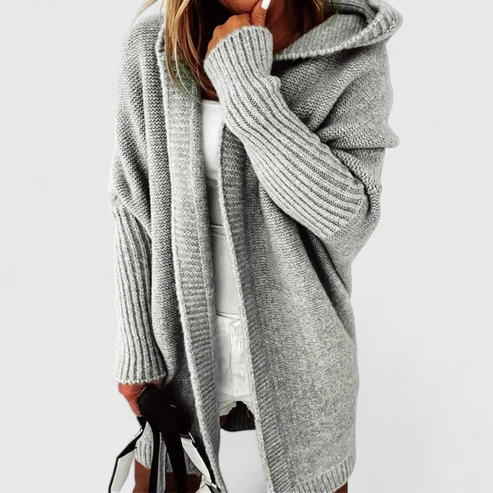 Women's Green Oversized Hooded Knitted Longline Autumn Cardigan