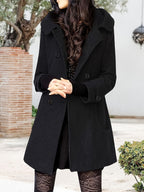 Women's double-breasted mid-length pea coat with notch lapel and front button closure