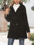Women's double-breasted mid-length pea coat with notch lapel and front button closure