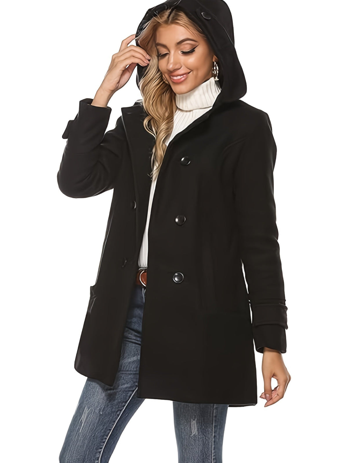 Women's double-breasted mid-length pea coat with notch lapel and front button closure