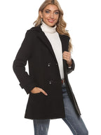 Women's double-breasted mid-length pea coat with notch lapel and front button closure