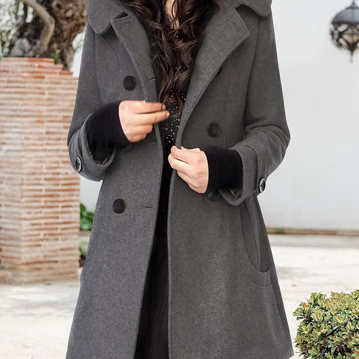 Women's double-breasted mid-length pea coat with notch lapel and front button closure