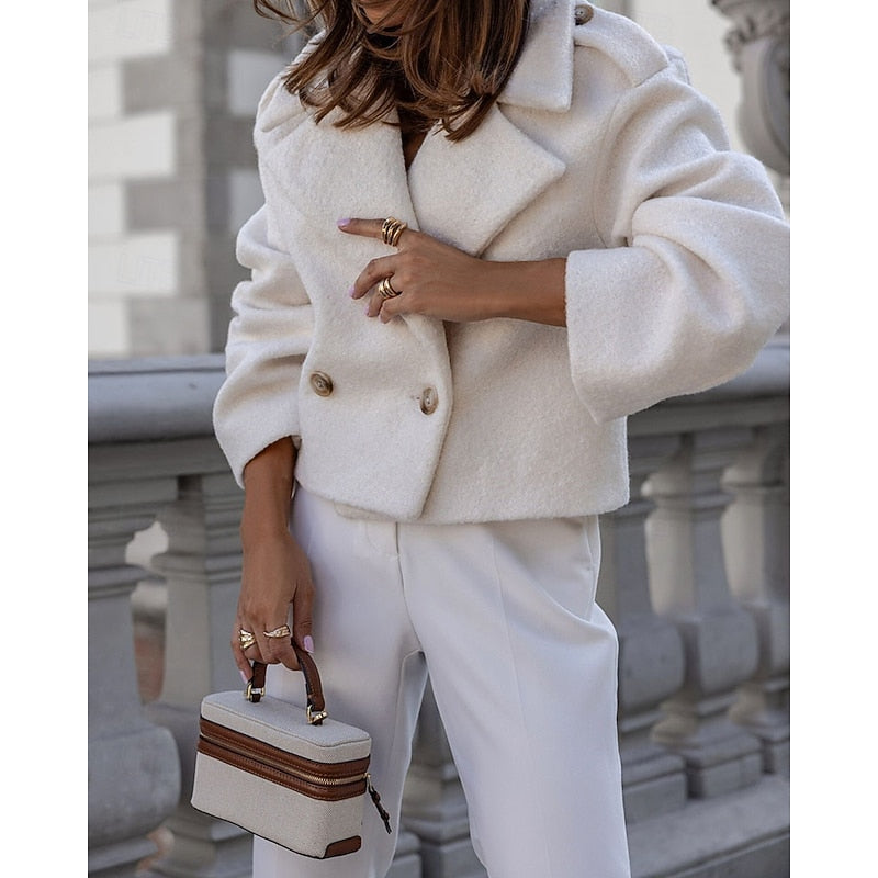 Cropped double-breasted teddy coat in soft borg fleece