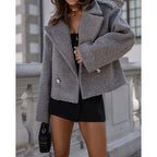 Cropped double-breasted teddy coat in soft borg fleece