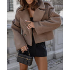 Cropped double-breasted teddy coat in soft borg fleece