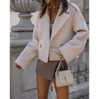 Cropped double-breasted teddy coat in soft borg fleece