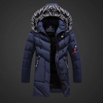 Men's dark blue insulated water-resistant hooded coat for autumn