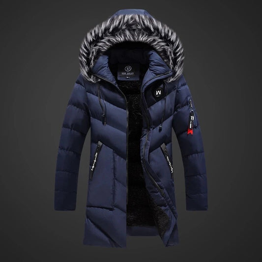 Men's dark blue insulated water-resistant hooded coat for autumn