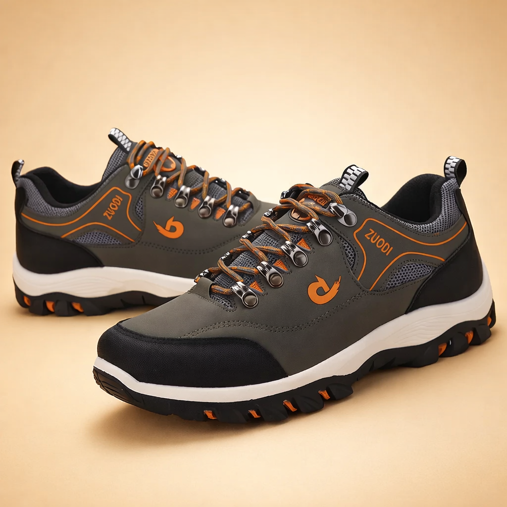 Grey men's all-terrain hiking shoes with a reinforced toe