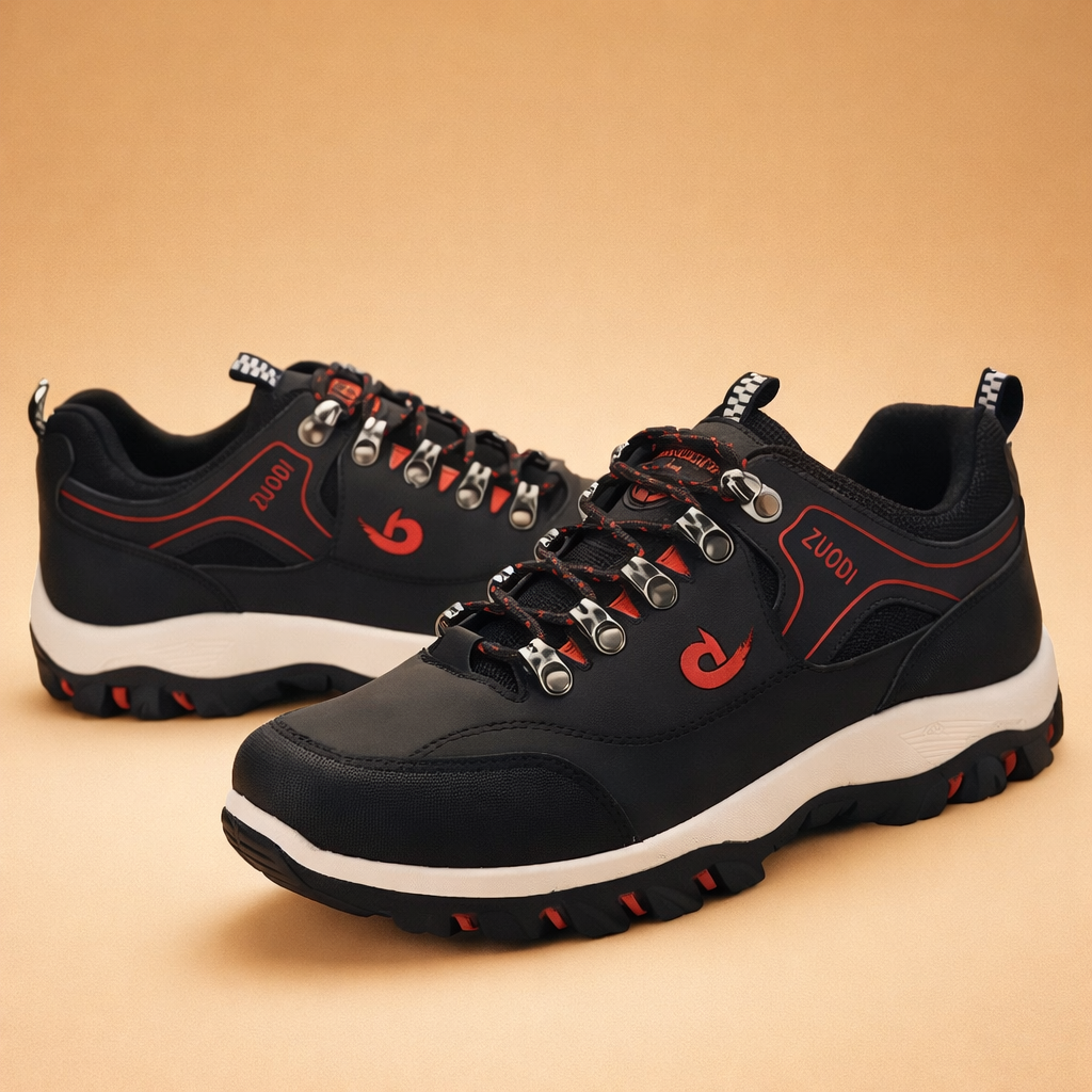 Grey men's all-terrain hiking shoes with a reinforced toe