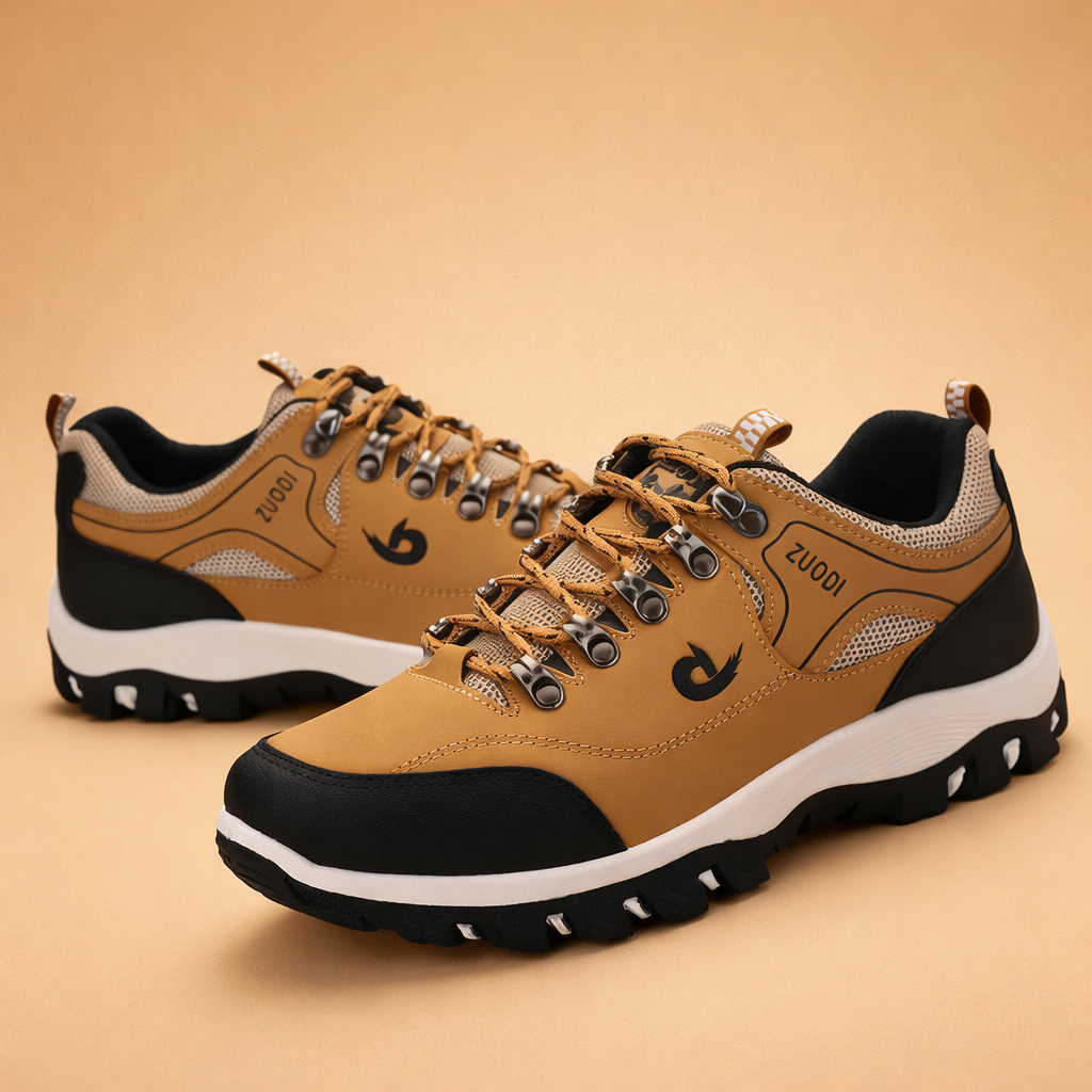 Grey men's all-terrain hiking shoes with a reinforced toe