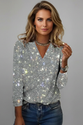 Women's Silver Sparkly Sequin V-Neck Long Sleeve Jumper