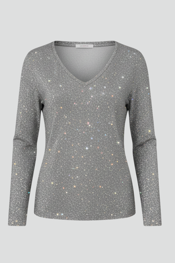 Women's Silver Sparkly Sequin V-Neck Long Sleeve Jumper