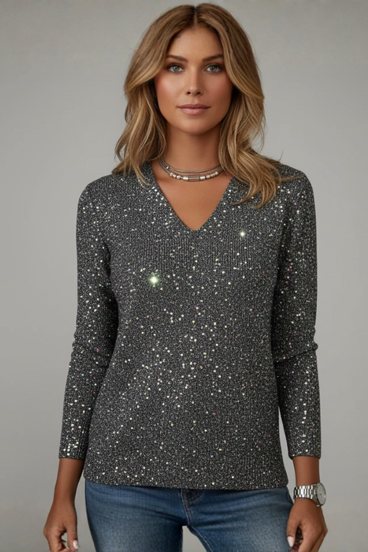 Women's Black Sparkly Sequin V-Neck Long Sleeve Jumper