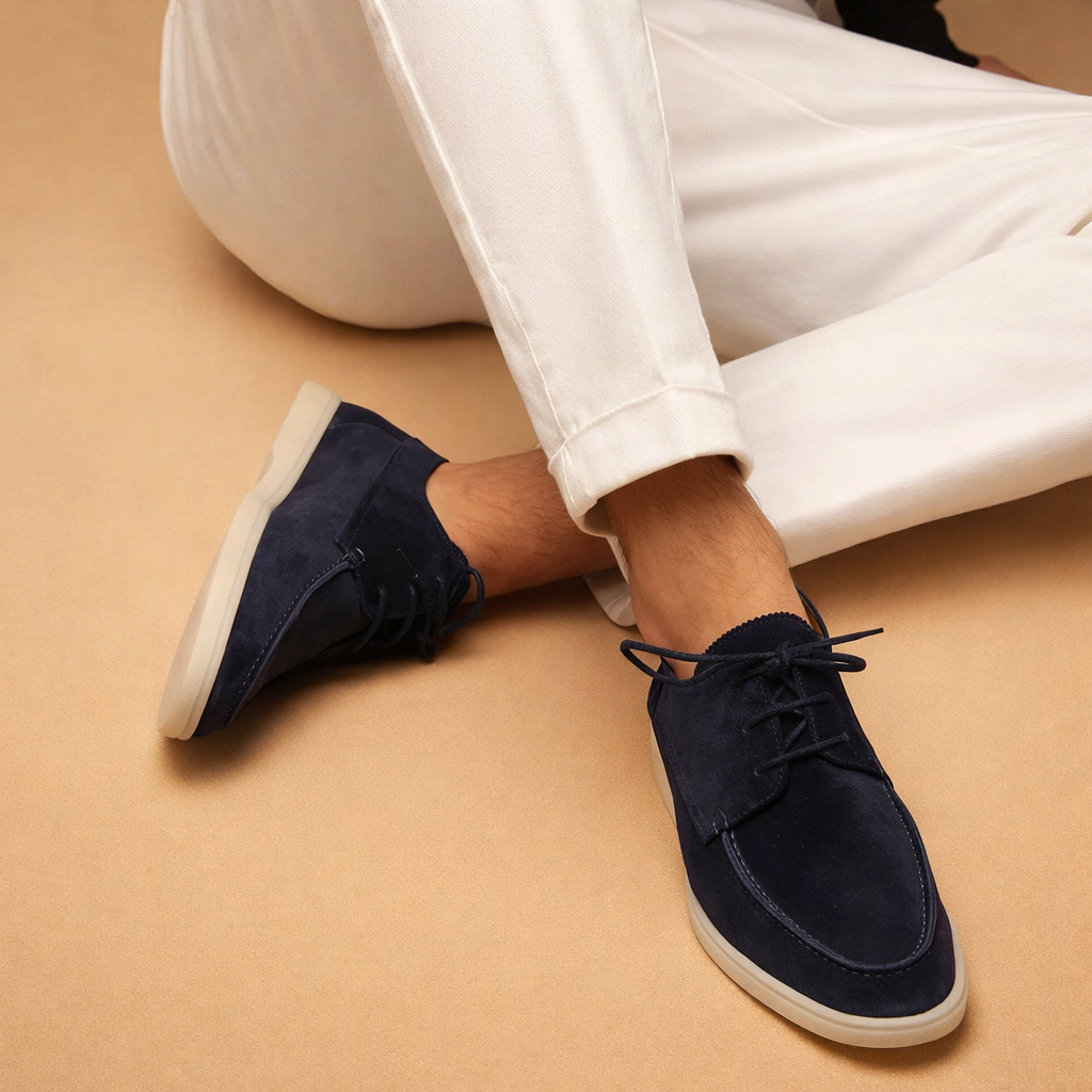 Blue men's vegan leather Derby shoes with a lace-up front
