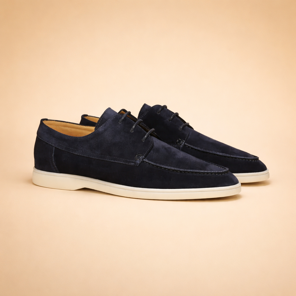 Blue men's vegan leather Derby shoes with a lace-up front