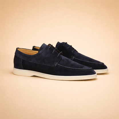 Blue men's vegan leather Derby shoes with a lace-up front