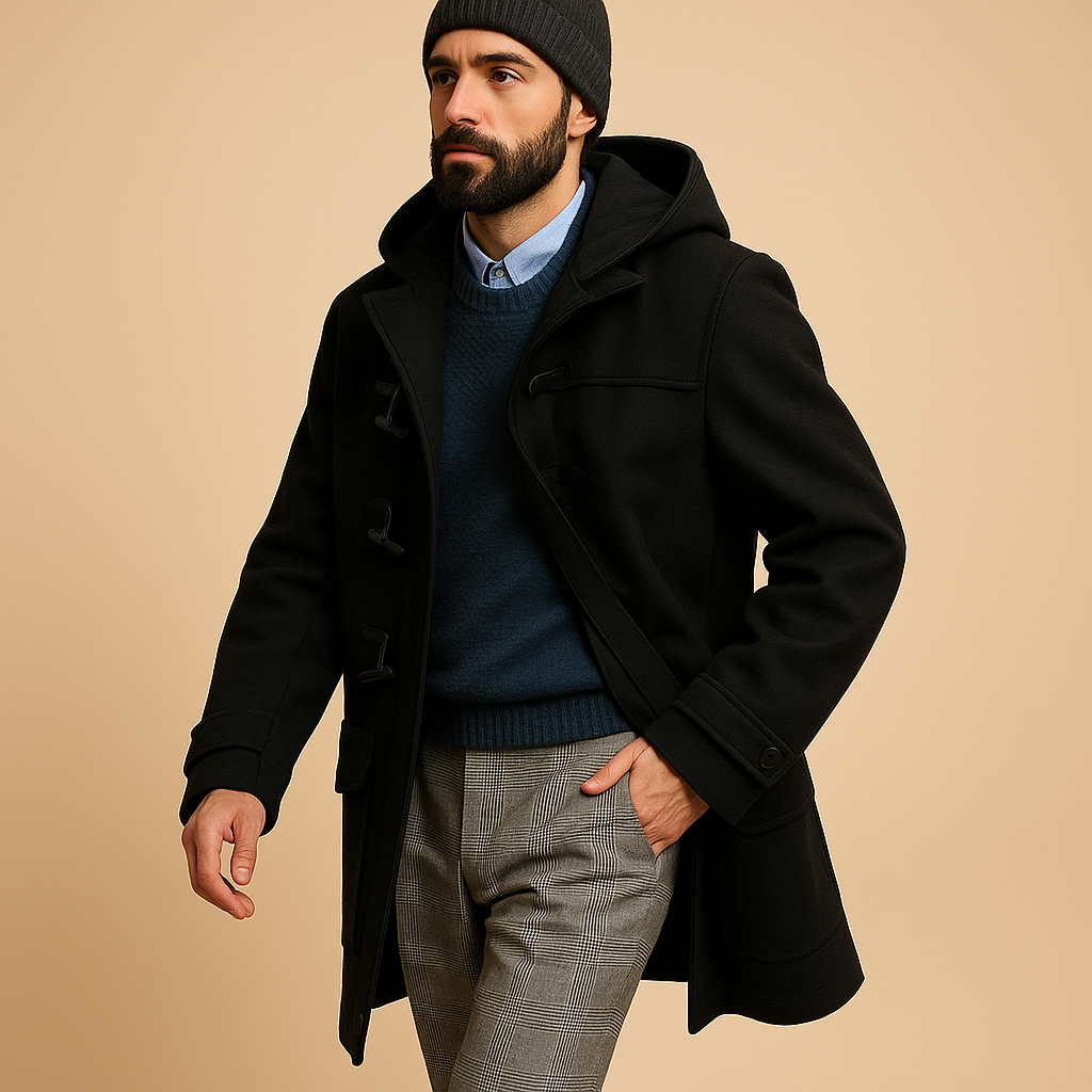 Men's green tailored zip-front longline overcoat for autumn
