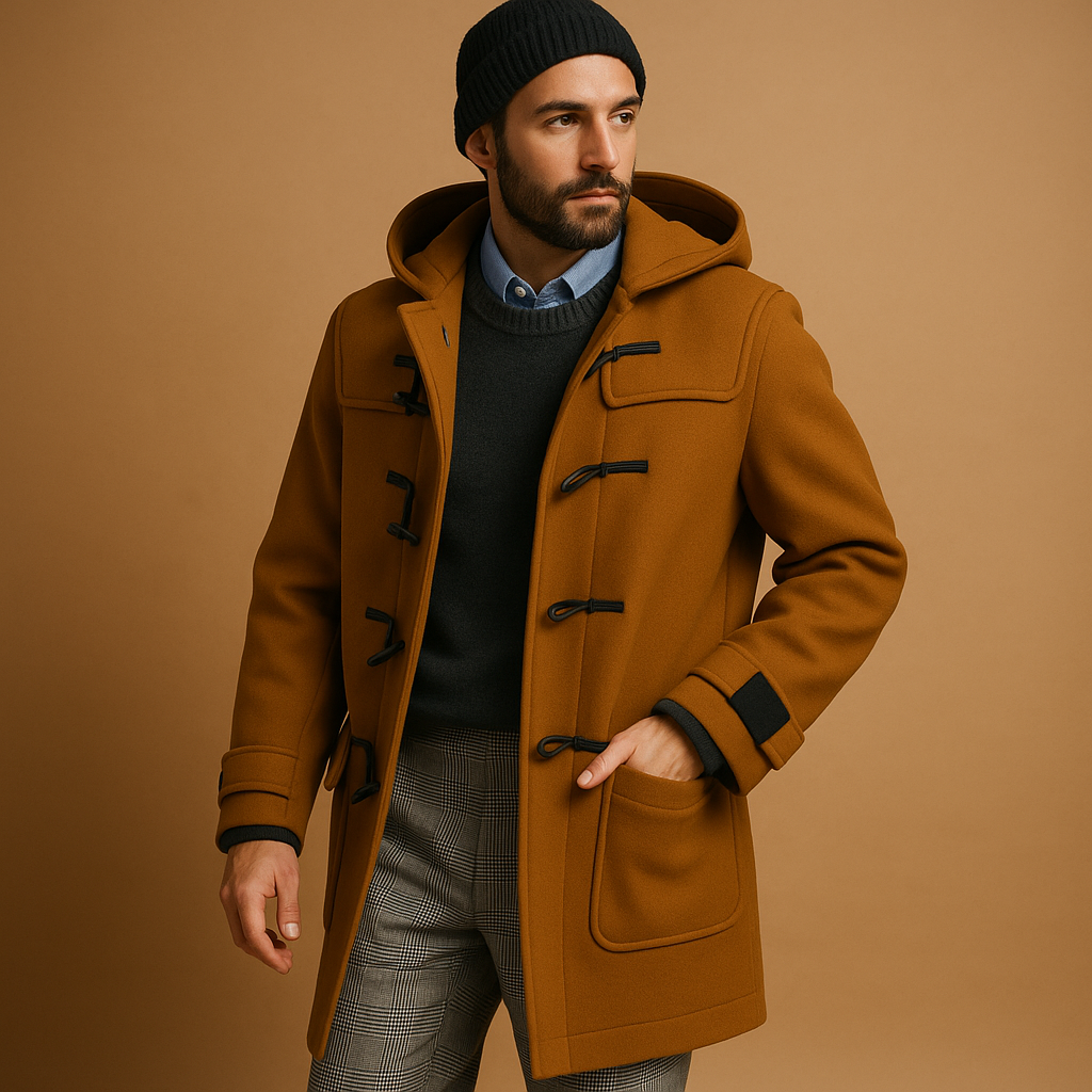 Men's green tailored zip-front longline overcoat for autumn