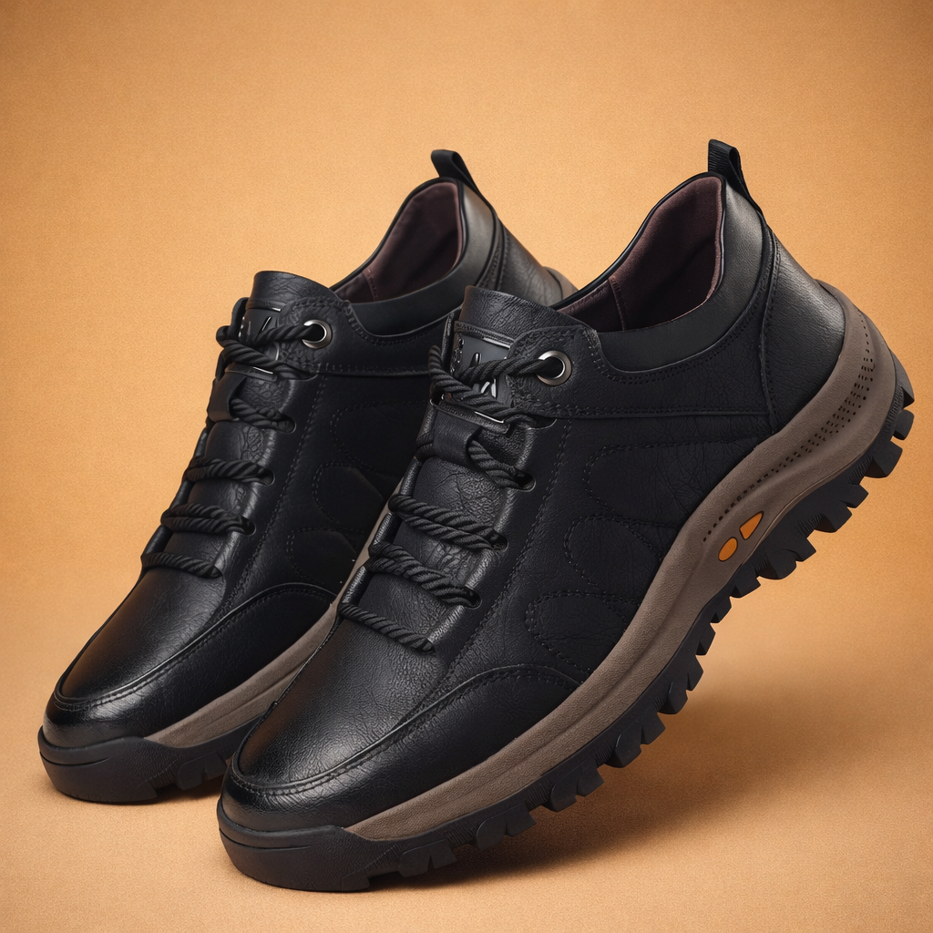 Brown men's hand-stitched casual shoes with a cushioned sole