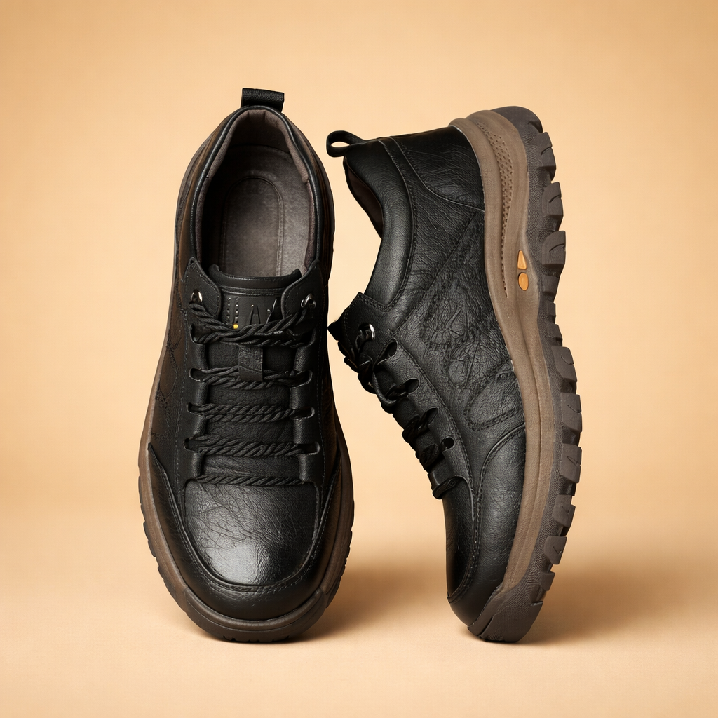 Brown men's hand-stitched casual shoes with a cushioned sole