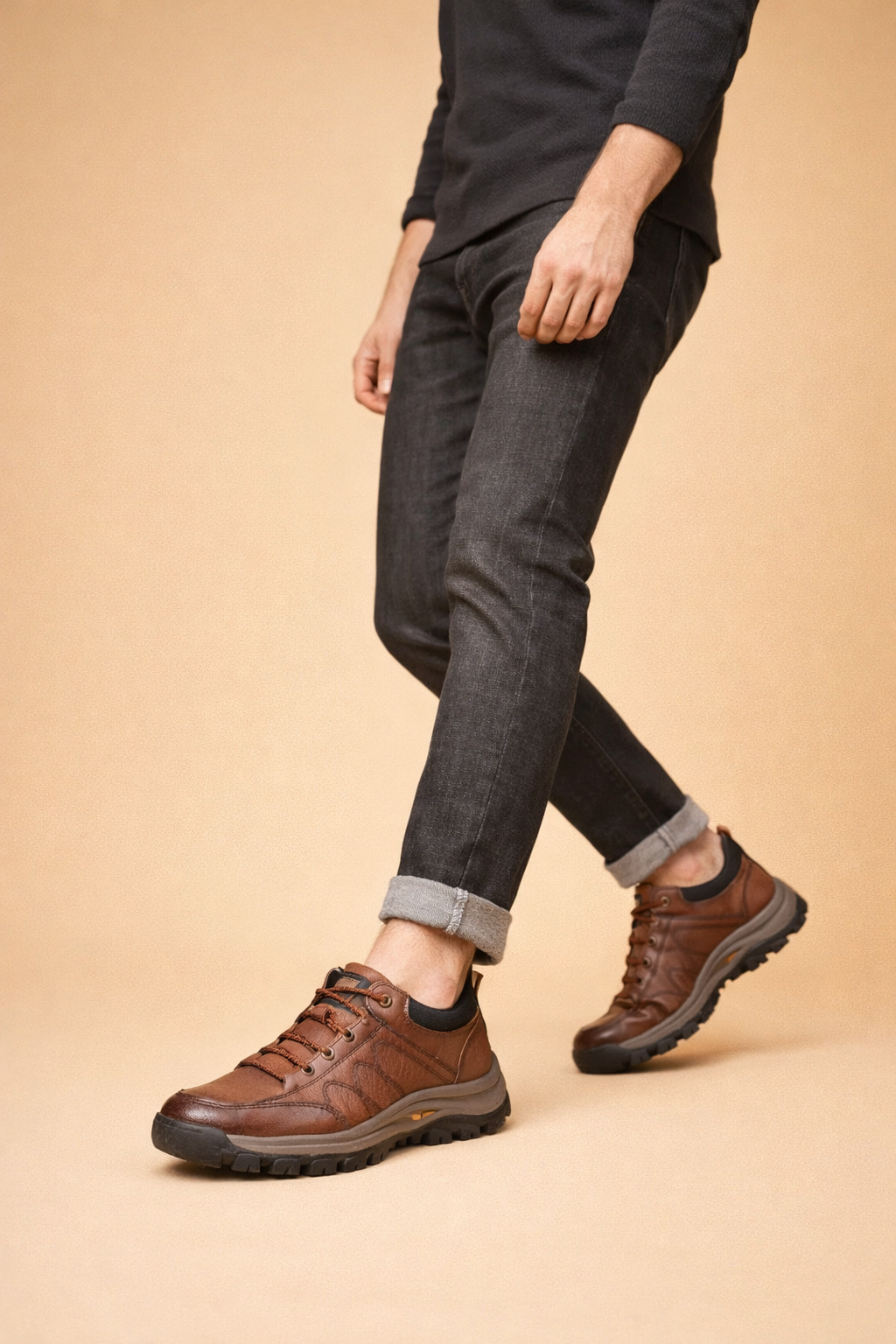 Brown men's hand-stitched casual shoes with a cushioned sole