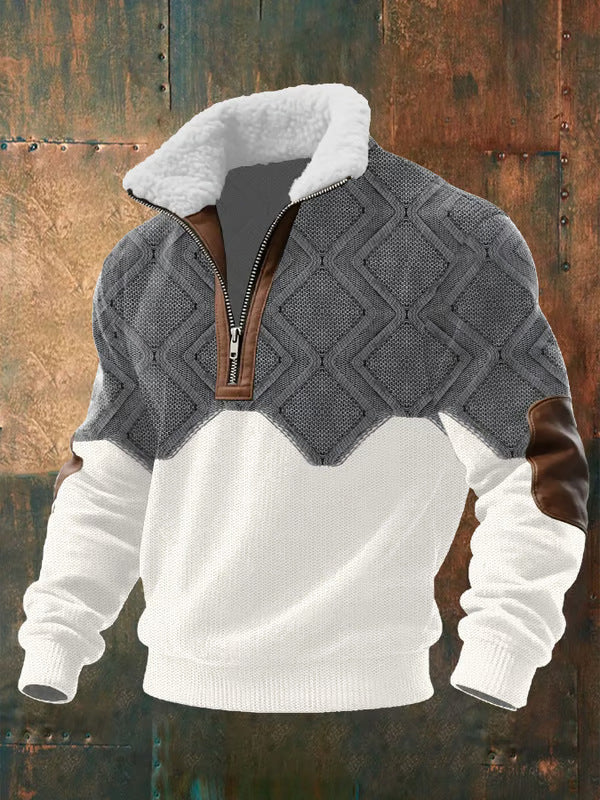 Men's grey and beige lined overshirt shacket with a raised collar