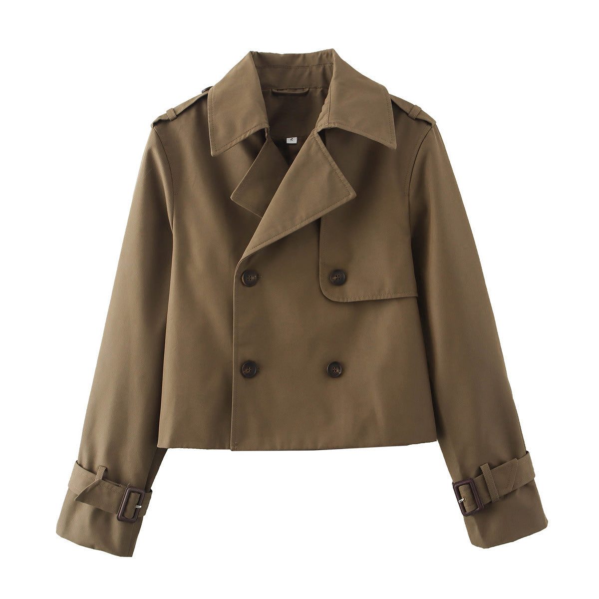 Short double-breasted trench coat with belt, product still life