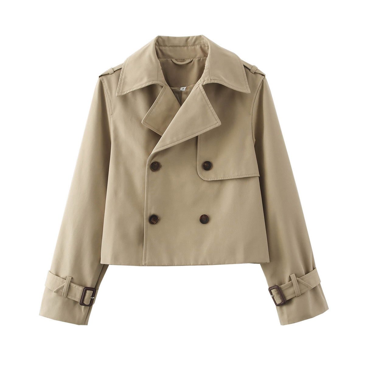 Short double-breasted trench coat with belt, product still life