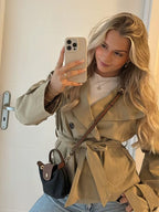 Short double-breasted trench coat with stand collar and tie belt
