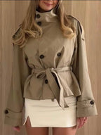 Short double-breasted trench coat with stand collar and tie belt