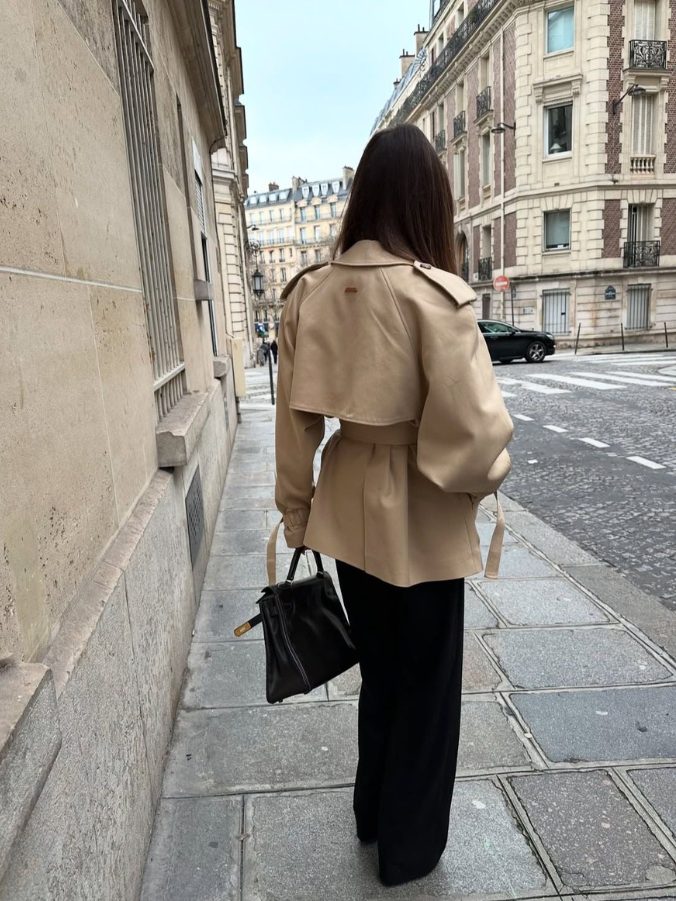 Short double-breasted trench coat with stand collar and tie belt
